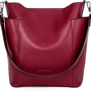 Wine Red Genuine Leather Bucket Handbag Designer Hobo Shoulder Bags Tote Purses